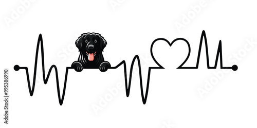 Heartbeat line with Flat-Coated Retriever Dog Peeking, Dog and Heartbeat frequency with Heart Love Vector illustration