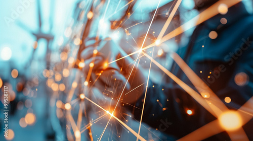 A blurry image of a person holding a cell phone with a bright orange background