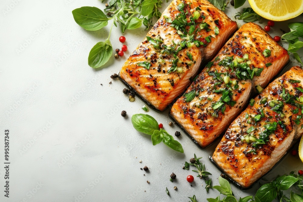 Grilled salmon fillet with lemon and herbs, placed on the right side of a clean white table, professional overhead shot.