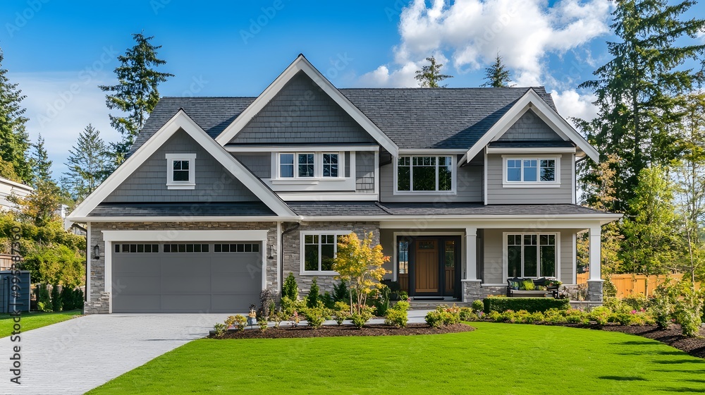 Two-story house with gray siding, stone accents, and a lush green lawn Two-story house with gray siding, stone accents, and a lush green lawn