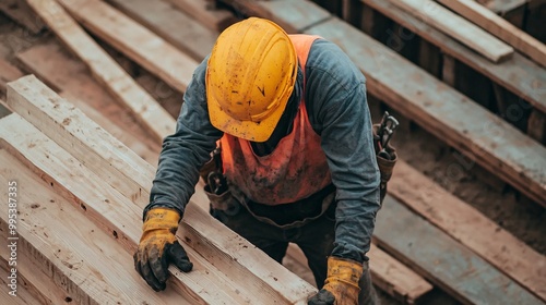 Wallpaper Mural A construction worker inspects wooden beams while wearing a helmet and gloves on a building site. Torontodigital.ca