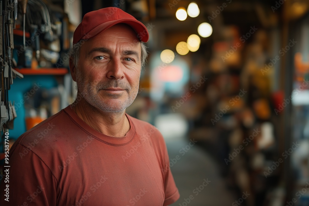 Man in a red shirt and hat is smiling. He is standing in a store. There are many shelves in the store. in the background, there is a store with materials for electrical installation Man in a red shirt and hat is smiling. He is standing in a store. There are many shelves in the store. in the background, there is a store with materials for electrical installation