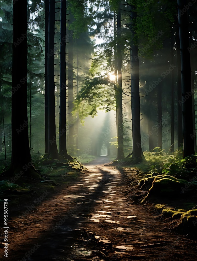 Obraz premium A serene forest path illuminated by sunlight breaking through the trees.