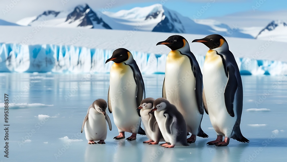 Fototapeta premium Experience the heartwarming beauty of this captivating image showcasing a family of penguins, including both adults and their adorable chicks, standing together on a stunning glacier.