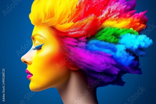 Woman with rainbow colored hairWoman with rainbow colored hair. She has a blue background. She has a pink lip. The hair is very colorful photo