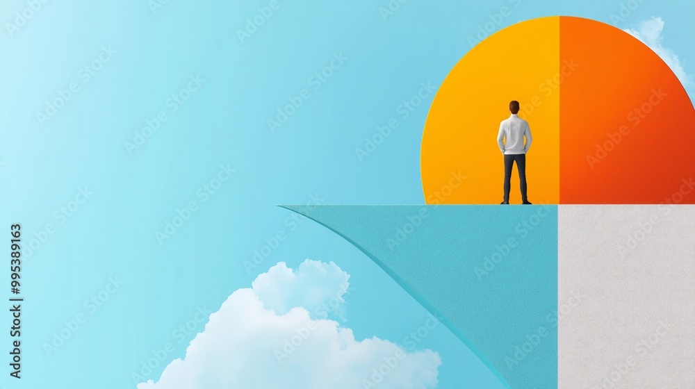 A person stands on a cliff overlooking a colorful horizon with clouds. A person stands on a cliff overlooking a colorful horizon with clouds.