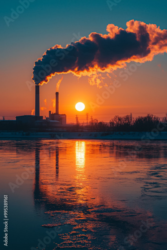 A large factory with smoke coming out of it and a sun in the background