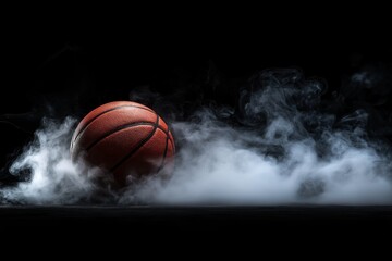 Basketball is sitting on a wet surface. The ball is red and black. The surface is covered in smoke. basketball with on black background with smoke, original and creative shot
