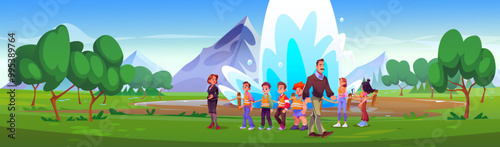 Excursion near geyser with railing and mountain on background. Group of teen boys with female tour guide near water erupt from land. Cartoon vector illustration of tourist landmark place on summer day