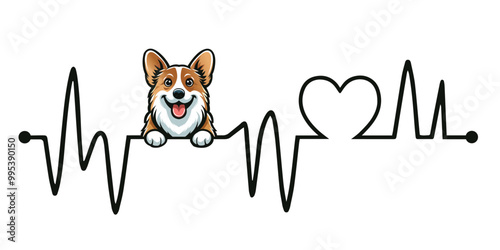 Heartbeat line with Pembroke Welsh Corgi Dog Peeking, Dog and Heartbeat frequency with Heart Love Vector illustration
