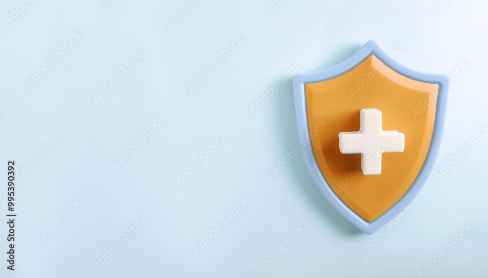 Fototapeta premium Protection icon with a medical cross on a blue background, symbolizing health and safety.