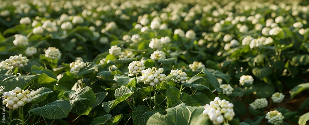 Sunlit field of white flowers and green leaves, creating a serene, natural landscape. Sunlit field of white flowers and green leaves, creating a serene, natural landscape.