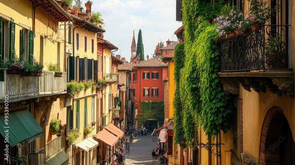 Fototapeta premium A view of the historic streets of Verona, with Julietas balcony covered in ivy.