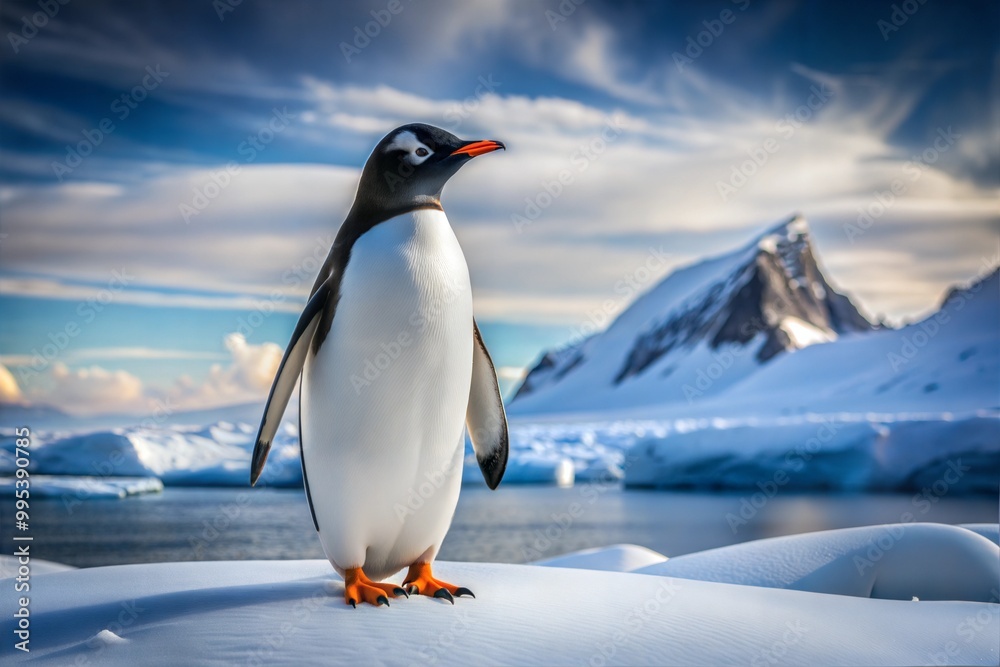 Fototapeta premium Penguin in snowy antarctic landscape with mountains