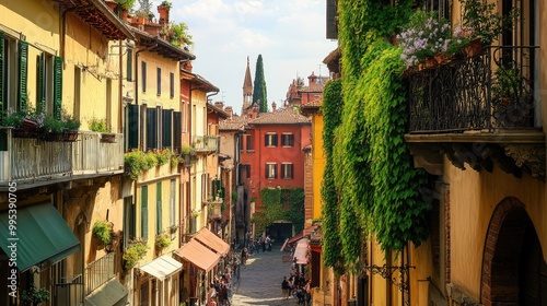 A view of the historic streets of Verona, with Julietas balcony covered in ivy.