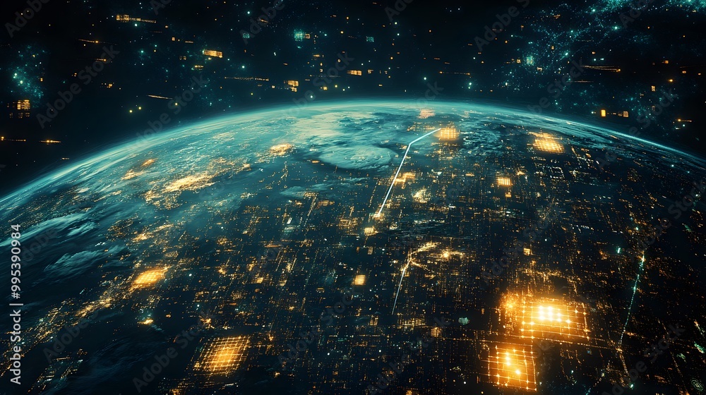 Planet Earth, city lights and cellular digital network growing binary data. Planet Earth, city lights and cellular digital network growing binary data.