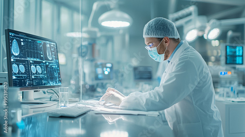 A man in a white lab coat is working on a computer monitor with a picture of a b