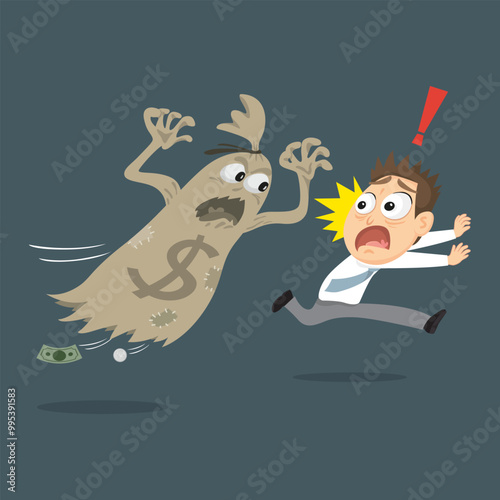 Businessman fear broken money bag no money. Flat, Vector, Illustration, Cartoon, EPS10.