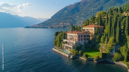 Wallpaper Mural An aerial view of Lake Como, surrounded by mountains and dotted with elegant villas. Torontodigital.ca