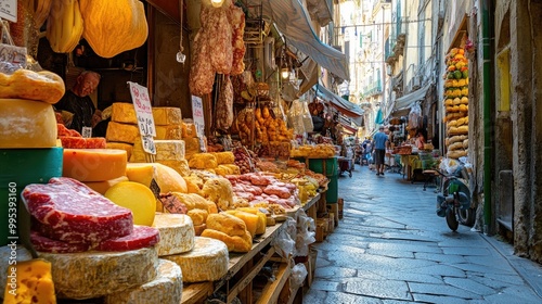 The colorful markets of Palermo, with vendors selling local cheeses, meats, and bread.