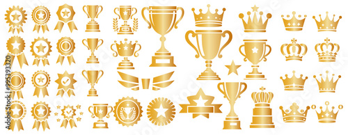 Award Collection for Celebrating Achievements and Success Features Trophies, Ribbons, Badges, and Victory Symbols for Competitions and Events