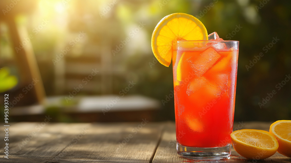 Iced tea with orange slice on rustic wooden table in warm sunlight