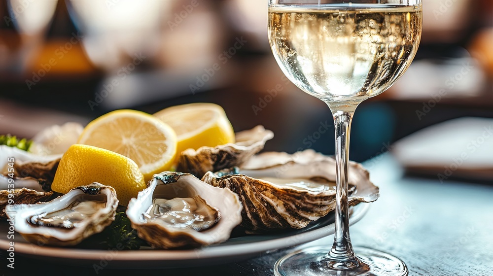 White wine in a glass and oysters in a restaurant White wine in a glass and oysters in a restaurant