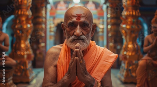 Pandit, Pujari Offering Blessings in Mandir, Traditional Attire and Serene Gaze, Surrounded by Sacred Idols and Intricate Temple Decorations, Spiritual Devotion Concept photo