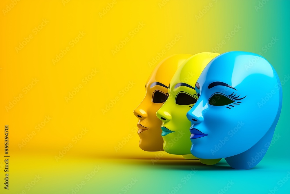 Three faces are shown in a row, with the middle one being yellow. The blue face is on the right and the yellow one is in the middle. carnival masks levitating, render 3d minimalism, solid background Three faces are shown in a row, with the middle one being yellow. The blue face is on the right and the yellow one is in the middle. carnival masks levitating, render 3d minimalism, solid background