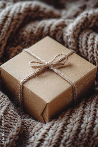 A brown box with a bow tied around it is sitting on a blanket