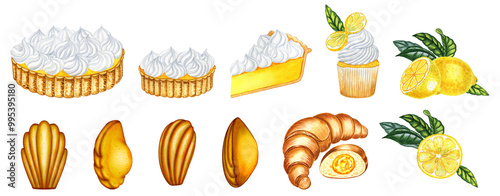 Set of large traditional lemon french pastries watercolor illustration. Classic tartlets and pie hand drawn on isolated background. Meringue tart and croissant for menu and recipe design.