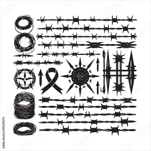 Barbed wire collection silhouette vector. Razor wire silhouettes. Barbed wire metallic border elements, barb wire set, barb wire icon.