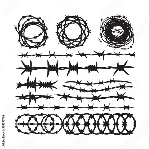 Barbed wire collection silhouette vector. Razor wire silhouettes. Barbed wire metallic border elements, barb wire set, barb wire icon.