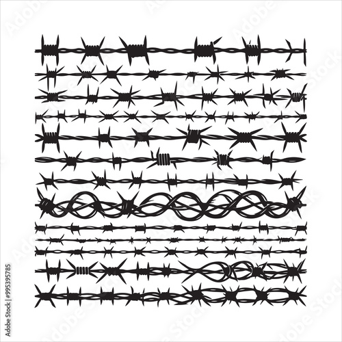 Barbed wire collection silhouette vector. Razor wire silhouettes. Barbed wire metallic border elements, barb wire set, barb wire icon.