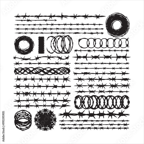 Barbed wire collection silhouette vector. Razor wire silhouettes. Barbed wire metallic border elements, barb wire set, barb wire icon.
