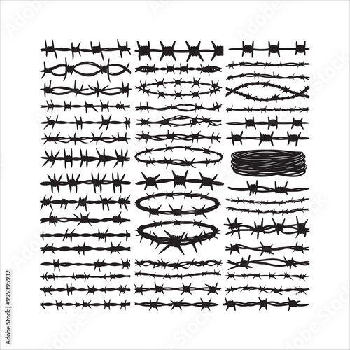 Barbed wire collection silhouette vector. Razor wire silhouettes. Barbed wire metallic border elements, barb wire set, barb wire icon.