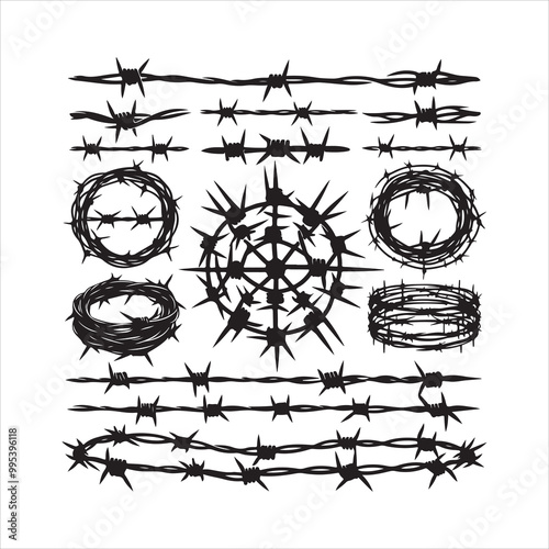 Barbed wire collection silhouette vector. Razor wire silhouettes. Barbed wire metallic border elements, barb wire set, barb wire icon.