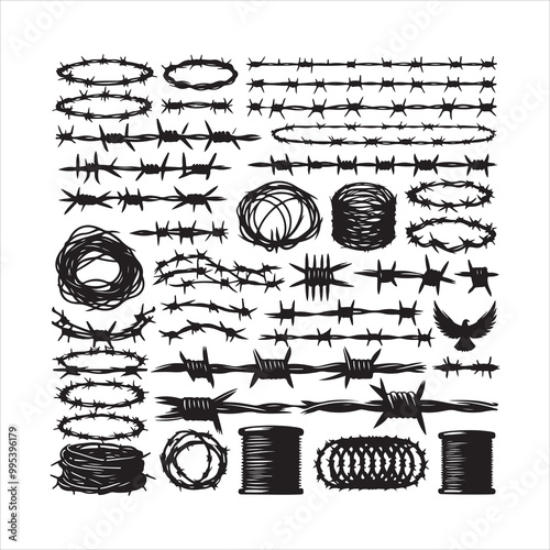 Barbed wire collection silhouette vector. Razor wire silhouettes. Barbed wire metallic border elements, barb wire set, barb wire icon.