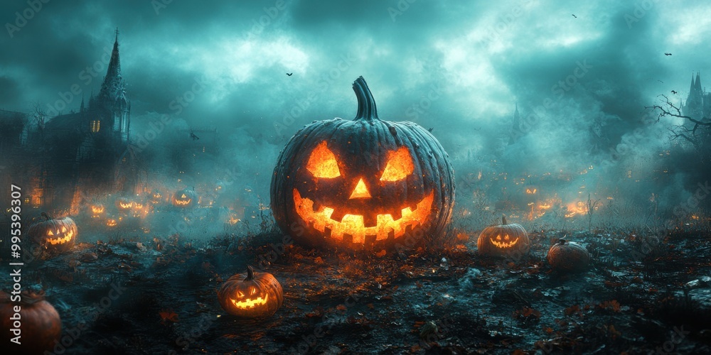 Halloween lanterns flicker as the wind whispers through the foggy, mist-covered cemetery Halloween lanterns flicker as the wind whispers through the foggy, mist-covered cemetery