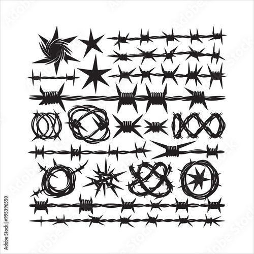 Barbed wire collection silhouette vector. Razor wire silhouettes. Barbed wire metallic border elements, barb wire set, barb wire icon.