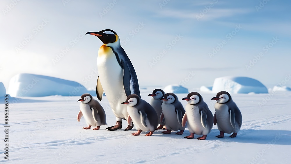 Fototapeta premium This heartwarming photograph captures the essence of penguin family life, featuring a line of penguin chicks following their parent across a snowy landscape. 