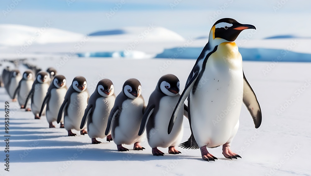Obraz premium This heartwarming photograph captures the essence of penguin family life, featuring a line of penguin chicks following their parent across a snowy landscape. 