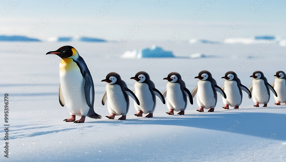 Obraz premium This heartwarming photograph captures the essence of penguin family life, featuring a line of penguin chicks following their parent across a snowy landscape. 