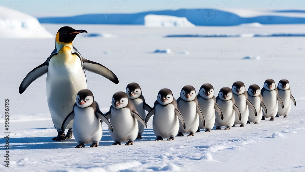 Fototapeta premium This heartwarming photograph captures the essence of penguin family life, featuring a line of penguin chicks following their parent across a snowy landscape. 