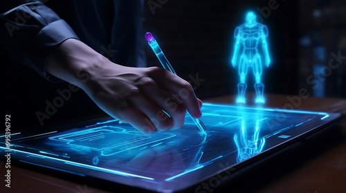 A hand using a stylus on a holographic interface with a 3D figure in the background. photo