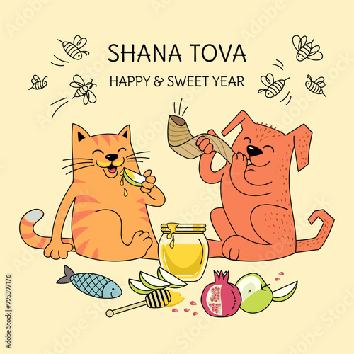 Funny cat and dog celebrate the Jewish New Year Rosh Hashanah. Greeting card with text "Happy New Year" in Hebrew. Vector illustration
