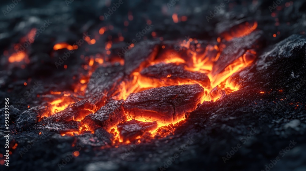 Close-Up of Burning Embers and Glowing Coal in Dark Background with Sparks and Smoke Close-Up of Burning Embers and Glowing Coal in Dark Background with Sparks and Smoke