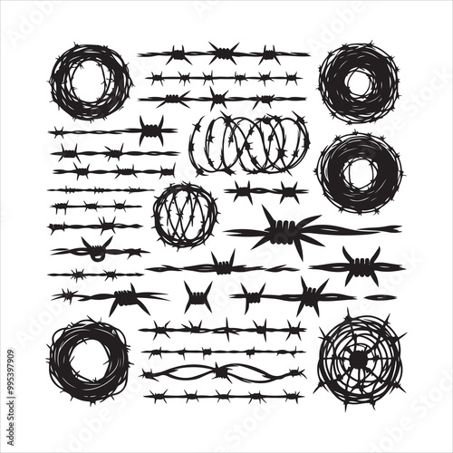 Barbed wire collection silhouette vector. Razor wire silhouettes. Barbed wire metallic border elements, barb wire set, barb wire icon.