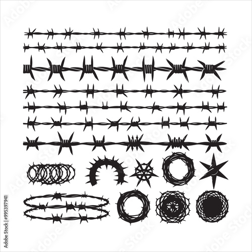 Barbed wire collection silhouette vector. Razor wire silhouettes. Barbed wire metallic border elements, barb wire set, barb wire icon.