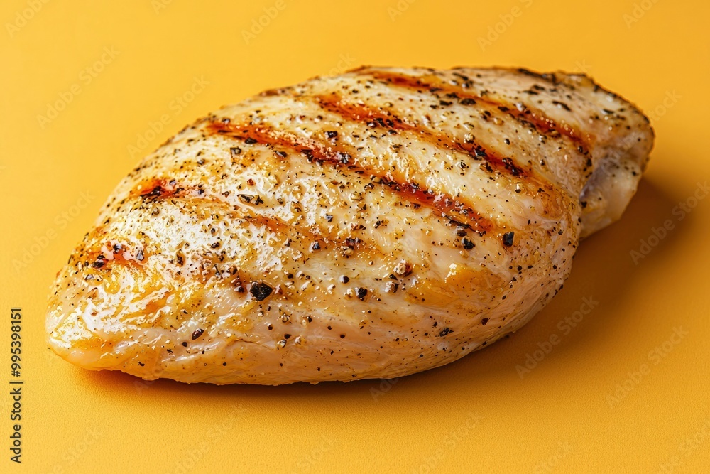 Grilled Chicken Breast with Black Pepper on Yellow Background Grilled Chicken Breast with Black Pepper on Yellow Background